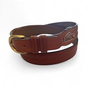 Lacoste Alligator Logo Mens Brown Leather Belt Brass Buckle 36" 2206 Vtg